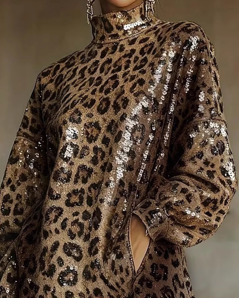 Fashion Leopard Stand Collar Tassel Dress