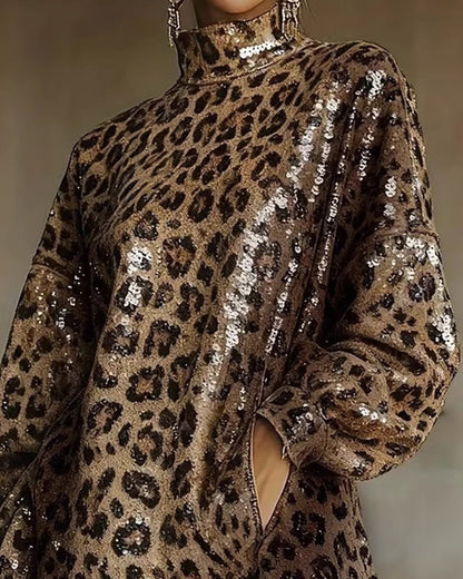 Fashion Leopard Stand Collar Tassel Dress