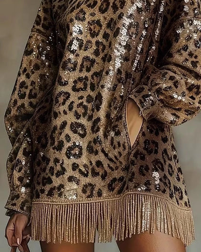 Fashion Leopard Stand Collar Tassel Dress