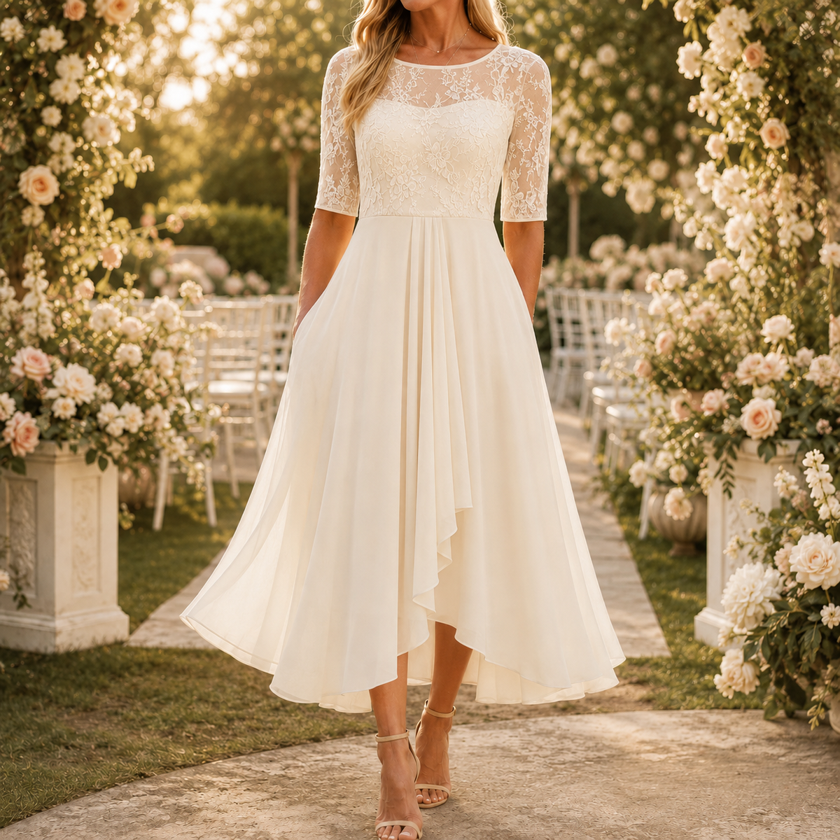 Embroidered Lace Bodice Midi Dress for Weddings