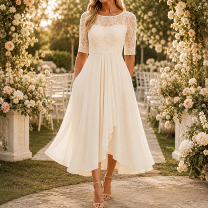 Embroidered Lace Bodice Midi Dress for Weddings