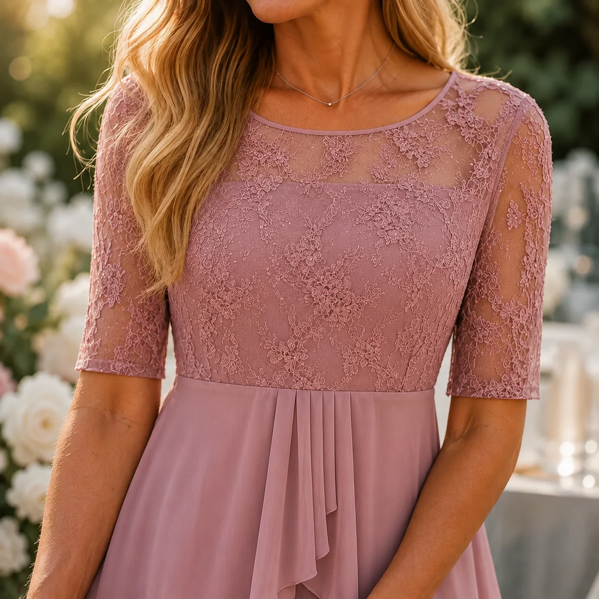Embroidered Lace Bodice Midi Dress for Weddings