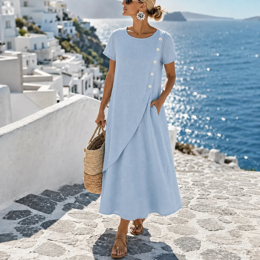 Sumlor – Asymmetric Button Midi Dress with Pockets for Summer